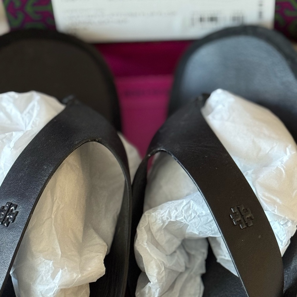 Black Leather Tory Burch Slide Sandals